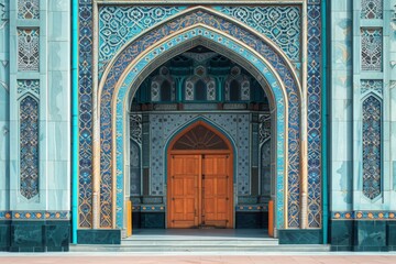 Poster - a photo of a sizeable blue building featuring a prominent wooden door, an ornate archway of a mosque