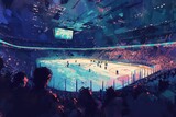 Hockey Stadium Packed With Enthusiastic Fans, Artwork showcasing a view from the stands of a packed ice hockey stadium, AI Generated