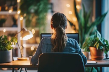 Poster - a woman is seated at a desk, focused on her laptop computer, balance between work and personal life 