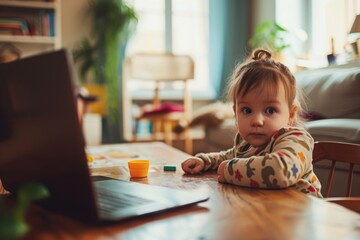 Poster - a little girl sits at a table, engrossed in using a laptop, balancing work and childcare in a home e