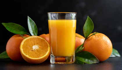 Wall Mural - Fresh squeezed orange juice in a glass with oranges fruit on a black background.