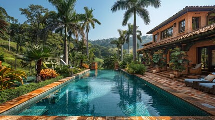 Wall Mural - Pool Surrounded by Palm Trees and House