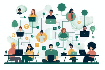 Poster - a gathering of individuals working on their laptops while seated around a table, conceptual image of