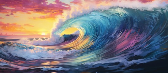 Wall Mural - Capture the serene moment of a wave breaking into the ocean under the warm hues of a sunset