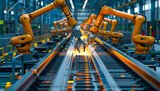 Fototapeta  - Automated robot arms in a car factory, industrial technology in automobile production
