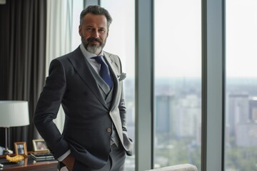 Poster - a man wearing a suit stands in front of a window, looking out into the distance, elegant portrait of