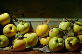 Fototapeta  - Ripe organic grown apples with leaves in wooden box in bright sunlight with copyspace. Natural fruit from garden concept image.