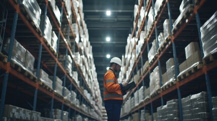 A warehouse employee in a high visibility vest uses a digital tablet to manage inventory in a large distribution center. AIG41