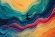 An artwork depicting a person skillfully balancing on a surfboard amidst the rolling waves, Half abstract representation of a person floating while performing yoga, AI Generated
