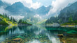 Serene mountain lake with misty peaks and lush greenery