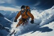 Man skiing down snowy mountains looking camera Generative AI