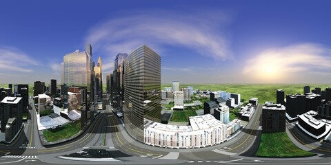 Wall Mural - Panorama of the city. Environment map. HDRI map. equidistant projection. Spherical panorama.
3D rendering