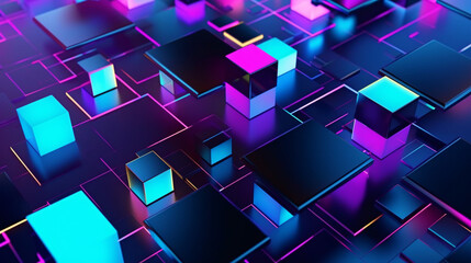 Wall Mural - Blue and purple color square with neon glow lines design on ther floor, creativity, digital, cyberpunk, innovation concept, hi-tech abstract backgroud.