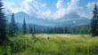 Serene mountain landscape with lush forests and wildflowers