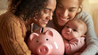 © Sunday Cat Studio - Same Sex Women Couple and their daughter with a pink piggy bank, saving for their baby concept.