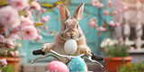Fototapeta Kosmos - a rabbit on a bicycle with a basket of easter eggs Hoppy Easter Wonders.
