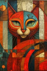 Wall Mural - A painting of a cat with a colorful face, art deco decorative background