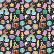 Fun retro cartoon sticker seamless pattern. Trendy 90s doodle icon background with flower, happy face and butterfly. Colorful vintage groovy art label wallpaper, cool emoticon symbol print. 