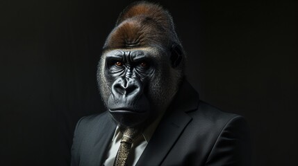 Wall Mural - a gorilla wearing a suit and tie with a black background