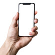 40 year old man holding a smart cell phone in his hand on a transparent background PNG - easy modification