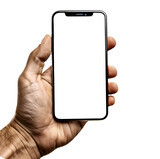 Fototapeta Zwierzęta - 40 year old man holding a smart cell phone in his hand on a transparent background PNG - easy modification