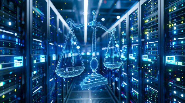 justice and technology merge, symbolizing digital law with scales and gavel in cyberspace