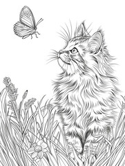 Poster - A black and white drawing of a cat and a butterfly, coloring book for kids.