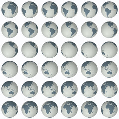 Poster - Collection of earth globes. Normal sphere view. Rotation step 10 degrees. Solid color style. World map with sparse graticule lines on lightness background. Fresh vector illustration.