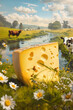 A slice of genuine cheese on a meadow, in the background cows grazing. Advertising image of a dairy product, with space for text