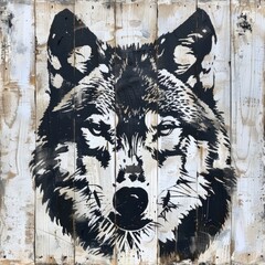 Wall Mural - A painting of a wolf on a wooden wall, cracked distressed white texture