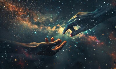Wall Mural - two hands reaching out to each other in the galaxy. the image is a representation of the connection 