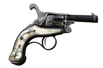 A silver and black imaginary historic pistol with mother of pearl decor