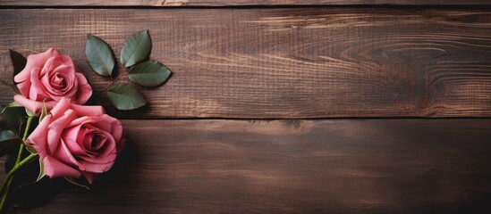 Sticker - Pink roses on a wooden table with a green leaf