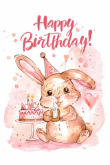 Wall Mural - Sweet Soiree: Soft Toned Bunny with Cake and Hat