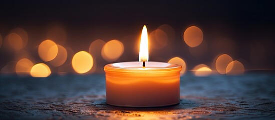 Poster - A glowing candle on a table with soft background lights