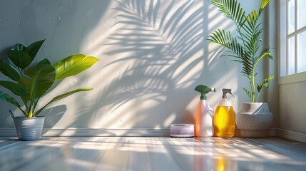 Sticker - Three bottles of cleaning products sitting on a floor next to a plant