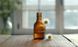 Chamomile essential oil in a dropper bottle, closeup view, skin care cosmetic background