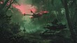 a drone armed with explosives hovering over a tank amidst a lush summer forest, vividly depicting the stark contrast between beauty and danger in the saturated summer colors.