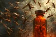 Medicine Vial Surrounded by Swarming Mosquitoes in Sunset Hues