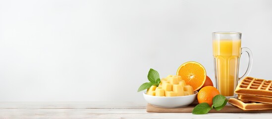 Poster - Glass of orange juice and waffles on a tabletop