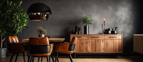 Wall Mural - Black chairs and table in dining room with wooden wall