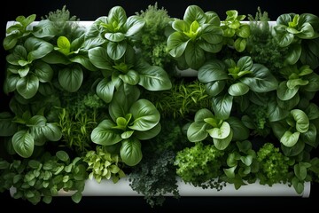 a variety of green herbs growing densely in a vertical planter. the vibrant foliage showcases the he