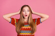 © deagreez - Photo of impressed speechless person hands touch head open mouth disbelief isolated on pink color background