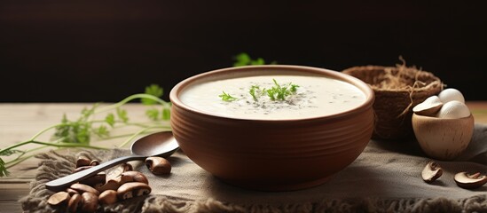 Canvas Print - Bowl of soup and spoon on table