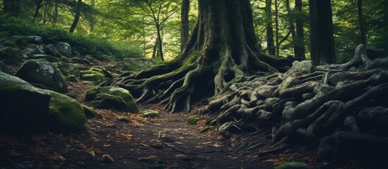 Wall Mural - Path leading to a tree with sprawling roots