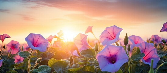 Wall Mural - Purple flowers in a field with the sun setting