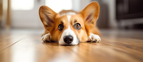 Poster - Dog lying on floor staring at camera