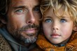Intimate portrait of a father holding his son, both with striking blue eyes