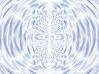 Poster - Blue and white background with symmetrical pattern, oval and round shapes and effect of rays in motion, water blur, lines, waves, depth and space - abstract graphic.