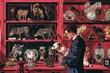 A man is standing in front of a red shelf filled with various taxidermy animals. The shelf showcases a collection of preserved animals, creating a unique display